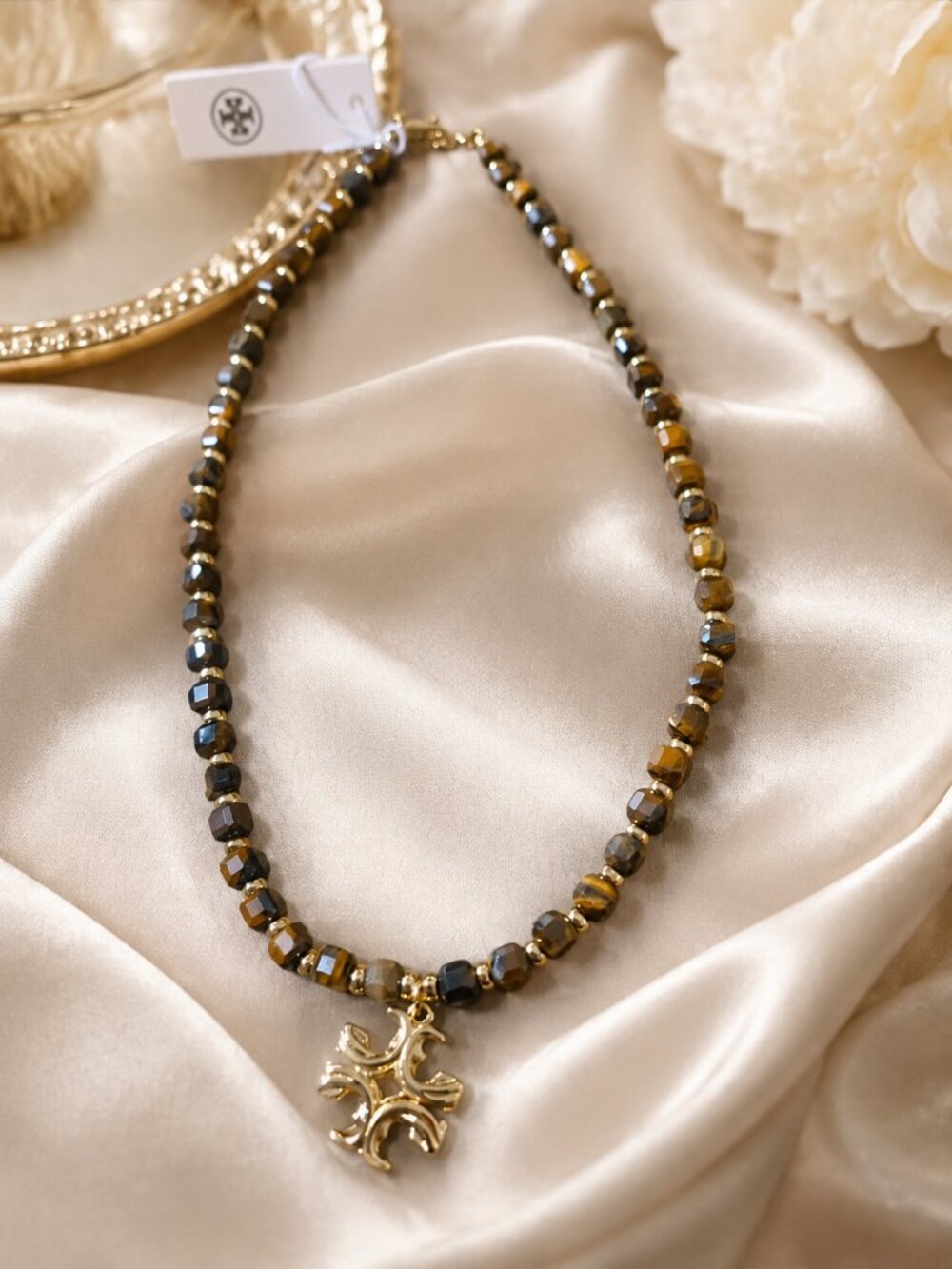 NWT Tory Burch Tigers Eye Brown Beaded Necklace with Gold Logo Pendant